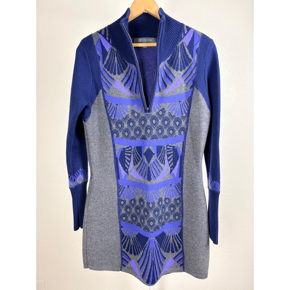 Title Nine Women Blue Purple Merino Wool Blend Knit Quarter Zip Sweater Dress S